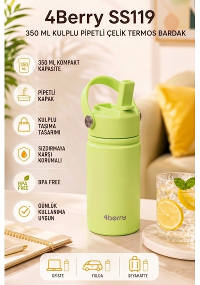 350 Ml Kulplu Pipetli Çelik Termos Bardak Bpa Free, Taşınabilir Mini Termos, Yeşil