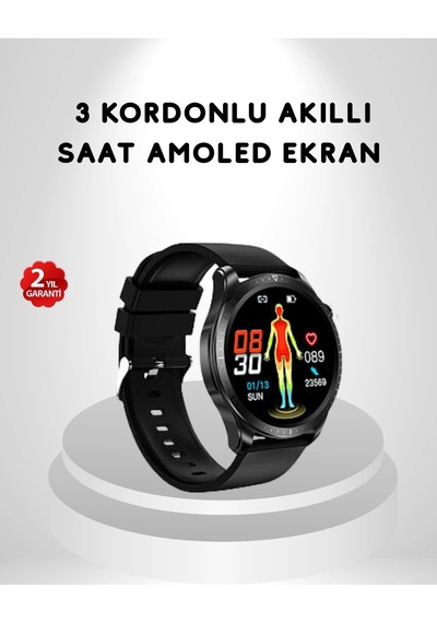 Amoled Ekranlı Akıllı Saat 3 Kordon Seçenekli, Suya Dayanıklı, Atış Ve Uyku Takip Özellikli