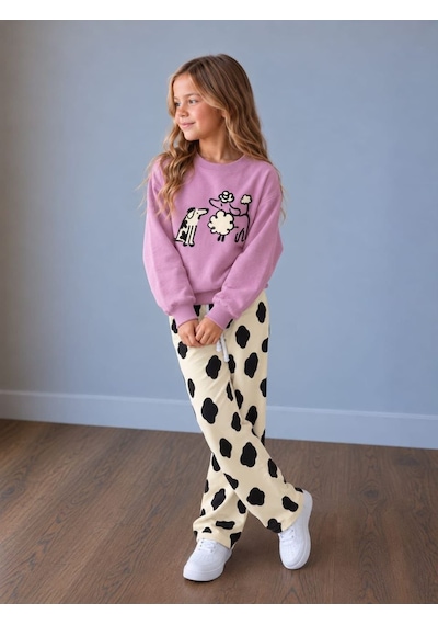 Sevimli Baskılı Şeker Pembe Sweatshirt & Desenli Eşofman Altı Kız Çocuk Alt Üst Takım