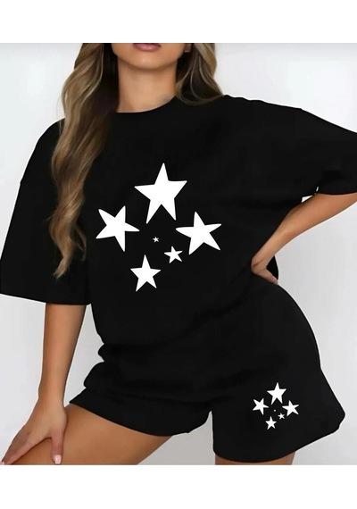 Startmore Kadın Siyah 'göğüs Yıldız Baskılı''oversize Şort- T-shirt Takım Strup0000000000050 Siyah