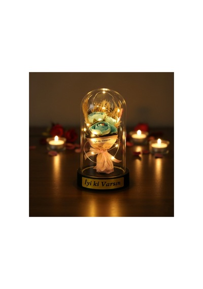 2 Adet Gül Buketi Ledli Fanus Led Aydınlatmalı Şeffaf Fanus, Üç Güllü Buket, Masa Komodin Dekor Three Rose Bouquet, Led Decorative Cloche