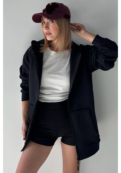 Bb Butik Basic Oversize Kalın Üç Iplik Fermuarlı Kapüşonlu Sweatshirt siyah