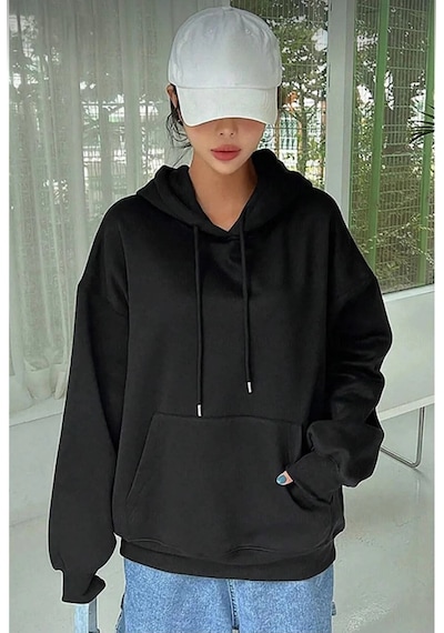 Primemagazam Kadın Kapüşonlu Kanguru Cepli 3 İplik Pamuklu Oversize Hoodie Sweatshirt - Siyah Çeşitli