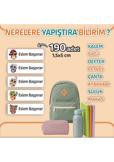 Kapbirhediye Okul Etiketi Isme Özel Kalem Defter Etiketi Baykuş 2 Temalı 190 Adet Çok Renkli