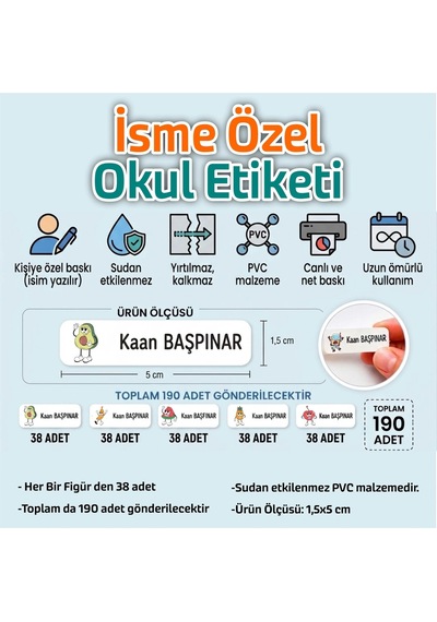 Kapbirhediye Okul Etiketi Isme Özel Kalem Defter Etiketi Meyve Temalı 190 Adet Çok Renkli