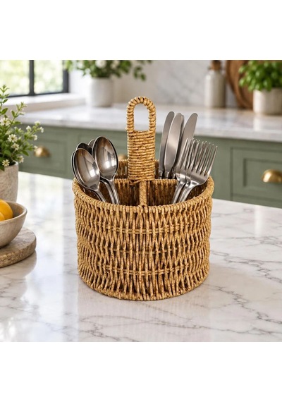 Rattan Yuvarlak Dik Bölmeli Kaşıklık Kahverengi