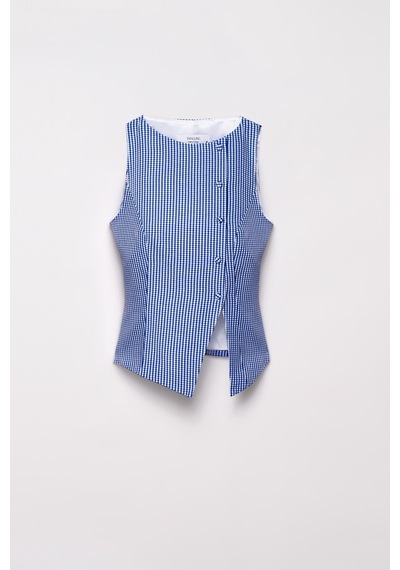 Thalure Kadın Lacivert Pötikare Kruvaze Slim Fit Yelek