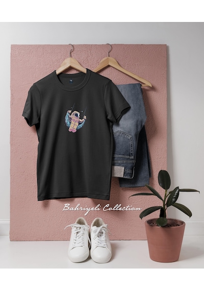 Oversize Visual Arts Astronaut Moon Swing Tasarımlı Unisex T-shirt Siyah