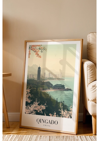 Qingdao China Vintage Seyahat Posteri Çerçeveli Tablo - Premium Uzak Doğu Elit Duvar Dekoru Kayın
