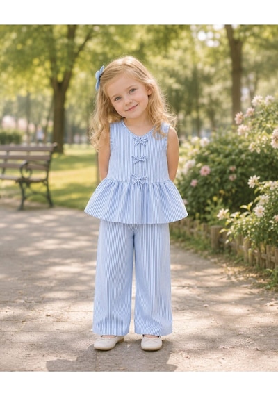 My Kids Wear Kız Çocuk Bella Fiyonk Detaylı Alt Üst Takım 12802 Mavi