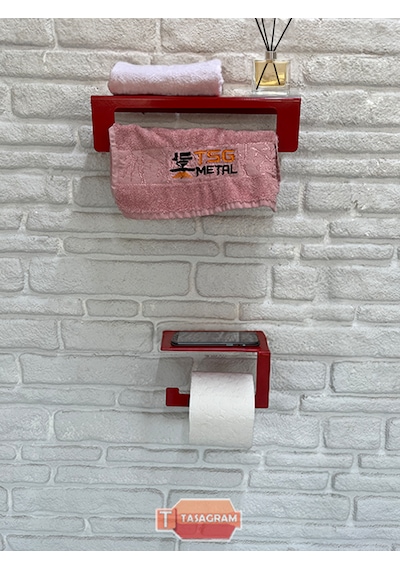 Metal Kırmızı 2'li Set 30cm Havlu Askılığı Ve Tuvalet Kağıdı Askı