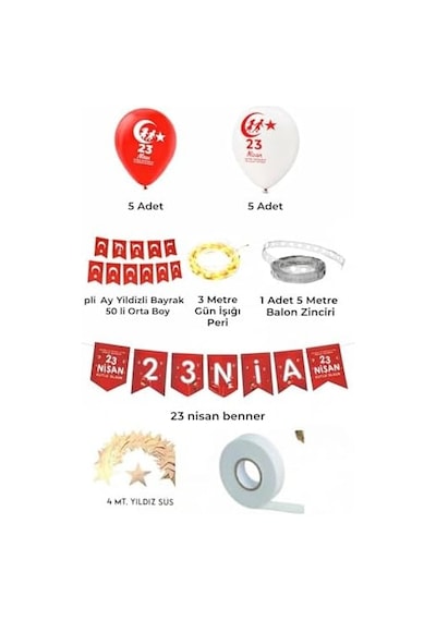 23 Nisan Dekoratif Süsü Flama Okul Süsü, Atatürklü Balon, Türk Bayrağı Pano Süsleri 3 Metre Led ,