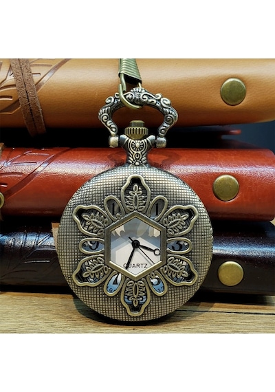 Geometrik Oymalı Tasarım - Köstekli Zincirli Cep Saati - Vintage Bronz