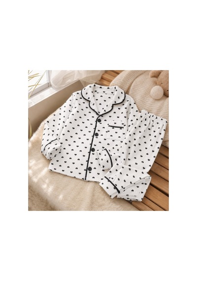 Bebelove Kız Çocuk Kalp Desenli Düğmeli Pijama Takımı Beyaz Beyaz - Siyah
