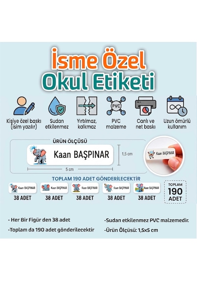 Kapbirhediye Okul Etiketi Isme Özel Kalem Defter Etiketi Fil Temalı 190 Adet Çok Renkli