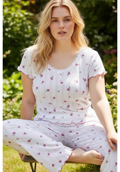 Siyah İnci Pamuklu Pointel Ajurlu/delikli Büyük Beden Örme Pijama Takım26120891 Beyaz