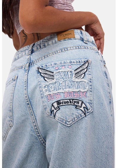 Kadın Ice 12s6-3 Süper Baggy Özel Nakışlı Tasarım Denim Jean Buz Mavi