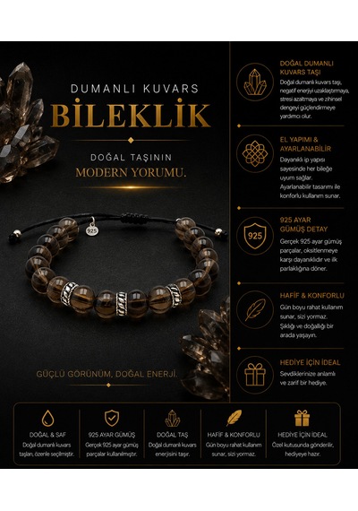 Dumanlı Kuvars Doğal Taş 8mm - 925 Ayar Gümüş Detaylı Makrome Örgülü Erkek Bileklik Hediye Kutulu