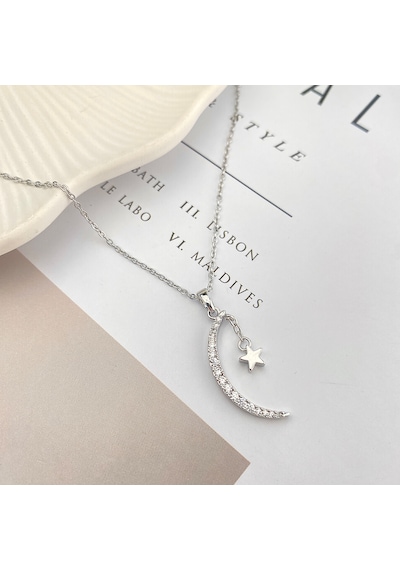 Ay Yıldızlı Kolye Kadın Kolye Zirkon Taşlı 45cm Silver