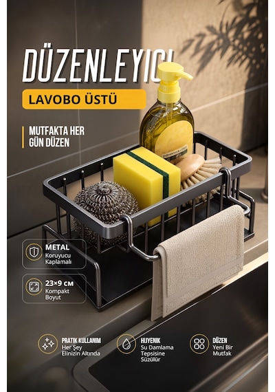Mutfak Evye Üstü Tezgah Organizer Paslanmaz Metal Süngerlik Sabunluk Bez Askılı Tepsili Düzenleyici Siyah