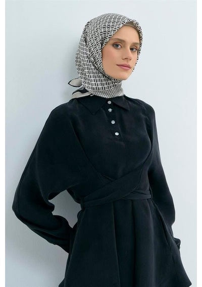 Armine Tivil Saf İpek Eşarp 9502 - 05 Siyah Krem Logo Desen Siyah Krem