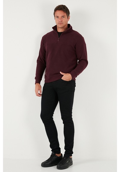 Buratti Pamuklu Regular Fit Yarım Fermuarlı Dik Yaka Erkek Kazak 456112 Mürdüm
