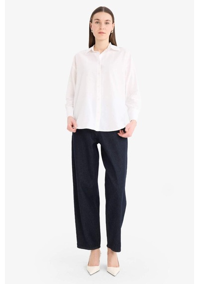 DeFacto Relax Fit Basic Düz Poplin Uzun Kollu Tesettür Gömlek Tunik E7977AX25SMWT34