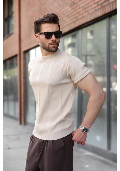 Madmext Taş Rengi Regular Fit Bisiklet Yaka Fitilli Triko Erkek Tişört E7490 Madmext Taş Rengi Regular Fit Bisiklet Yaka Fitilli Triko Erkek Tişört E7490