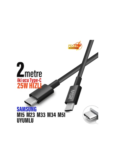 Type-c 2 Metre Hızlı Şarj Kablosu Samsung M15 M23 M33 M34 M51 Uyumlu 25w Hızlı
