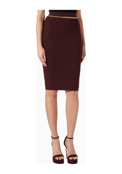 Elisabetta Franchi Dokulu Triko, Zincir Ve Taş Detaylı Lüks Chain Accent Midi Etek Bordo