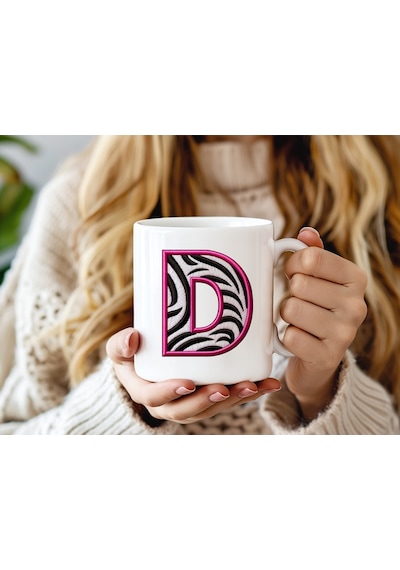 D Harfi Zebra Deseni Ve Pembe Kenarlı Kupa Bardak - Kişiye Özel Nakış Efektli - Siyah Beyaz Pembe Beyaz