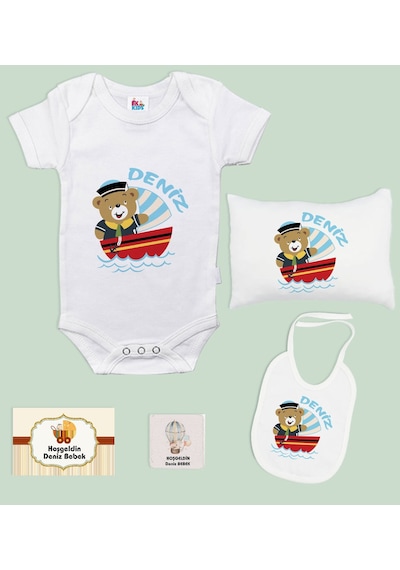 BK Kids Kişiye Özel İsimli 5 Parça Beyaz Bebek Body Zıbın Yastık