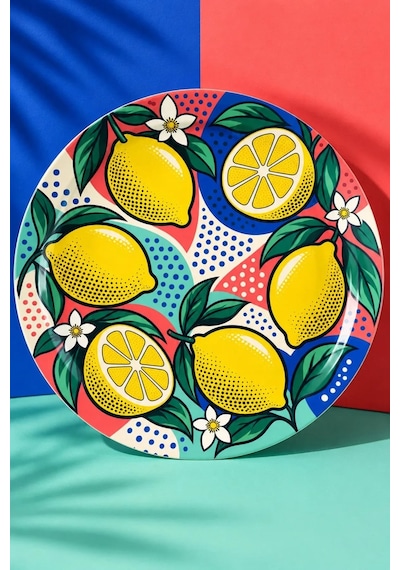 Dekoratif Duvar Tabağı Limonlu Retro Esintiler Dekorlu Seramik Tabak Lacivert