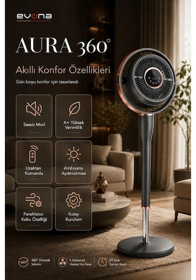 Aura 360, 6 Kademeli Hız Ayarlı Akıllı Vantilatör, 360 Derece Salınım / 80 Yatay Salınım, 180 Dikey Salın