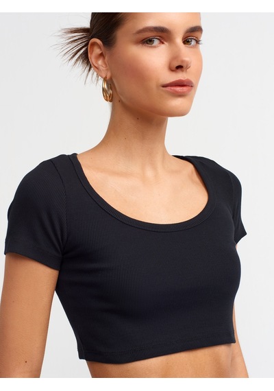 Dilvin Kısa Kollu Crop Top Siyah