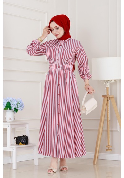 Sevitli Çizgili Cepli Tesettür Elbise-bordo-5133 Bordo
