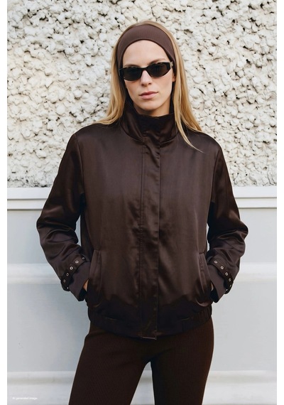 Sateen Saten Kumaş Dik Yaka Bomber Ceket Kahverengi