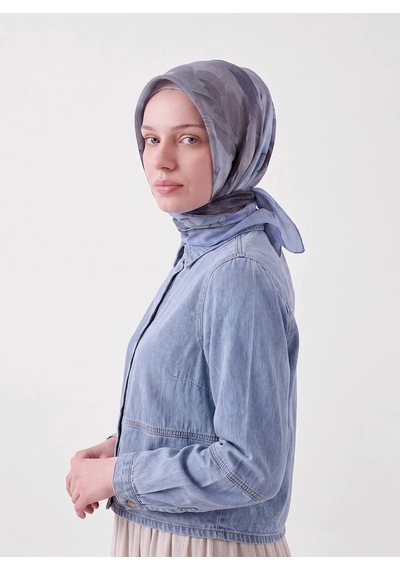 Ayshara Şakayık Çiçek Desenli Çift Taraflı Eşarp Buz Mavisi