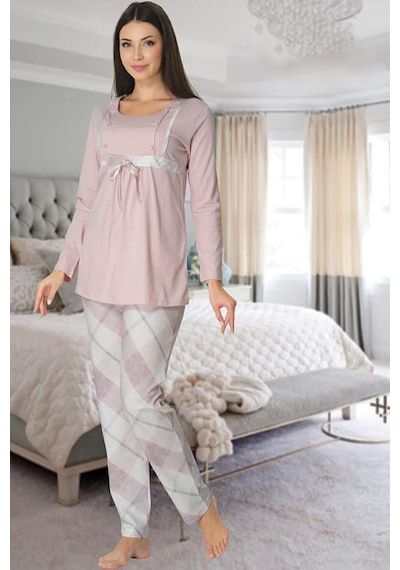 Effort Pijama Dvina Effortt Lohusa Sabahlıklı Pijama Takımı Pembe - 8084 Pembe