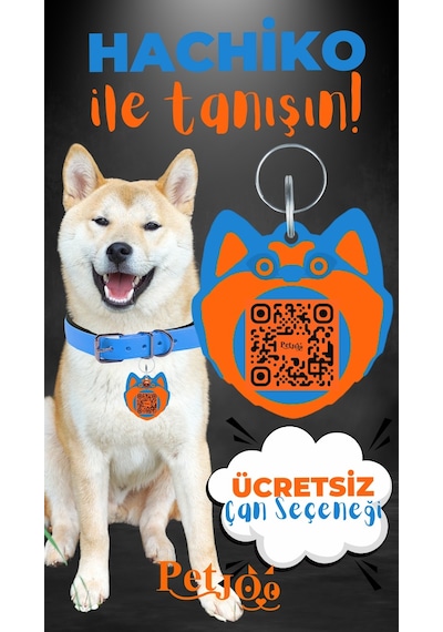 Petjoo 19.Hachiko Turuncu-Mavi Qr'lı Köpek Künyesi