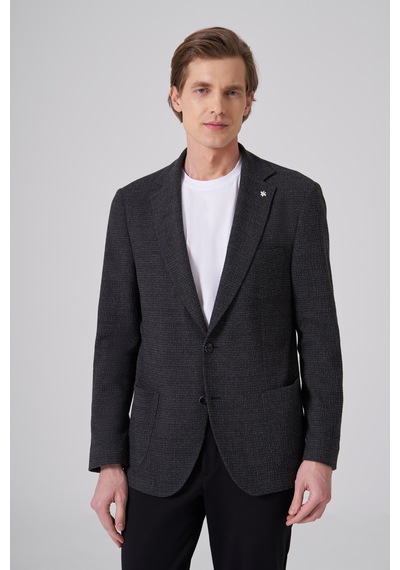 Morven Erkek Siyah Yünlü Trend Desenli Slim Fit Mono Yaka Ceket 26ks002007001 Siyah