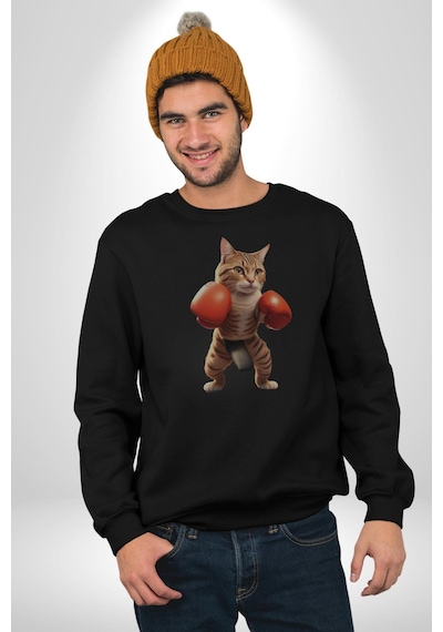 Boks Yapan Kedi Unisex Siyah Baskılı Sweatshirt Siyah