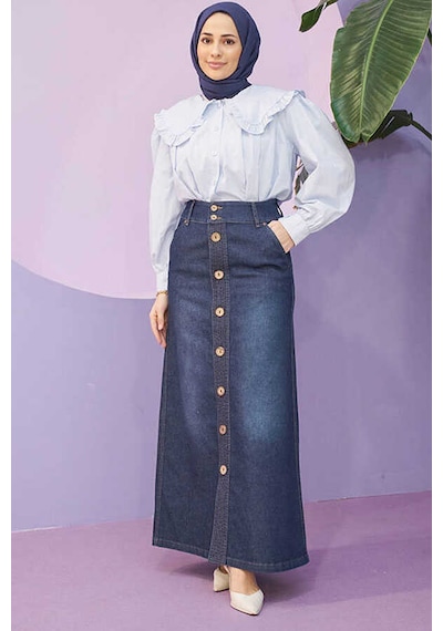 2287-denim Dikişli Etek Koyu Mavi Koyu Mavi