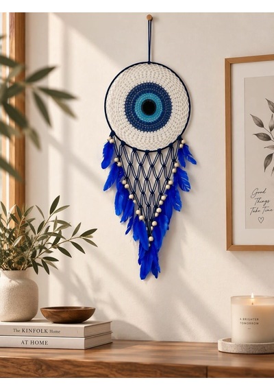 Nazar Motifli Düş Kapanı Rüya Kapanı Dream Catcher Mavi Tüylü Bohem Duvar Süsü Bohem El Yapımı Düş Kapanı