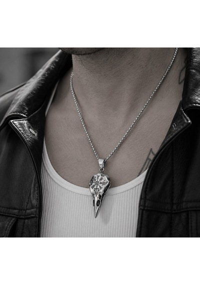 Vegvisir Sembol Paslanmaz Çelik Viking Kuzgun Kurukafa Erkek Çelik Raven Kolye Metalik Çelik