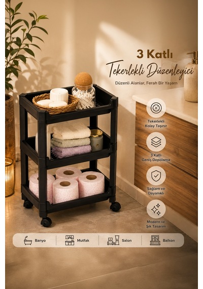 Porsima RAFTY-73-ECO-1 Tekerlekli 3 Katlı Düzenleyici - 35,5 x 22 x 48 cm Hareketli Geniş Raf - Siyah