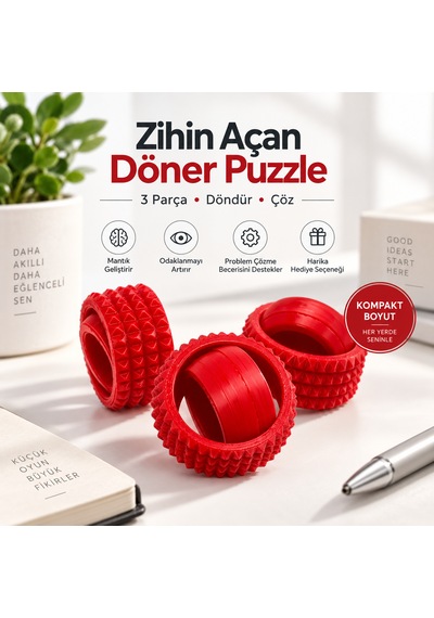 3 Parçalı Döner Zeka Oyunu Anti Stres Masaüstü Puzzle Kırmızı