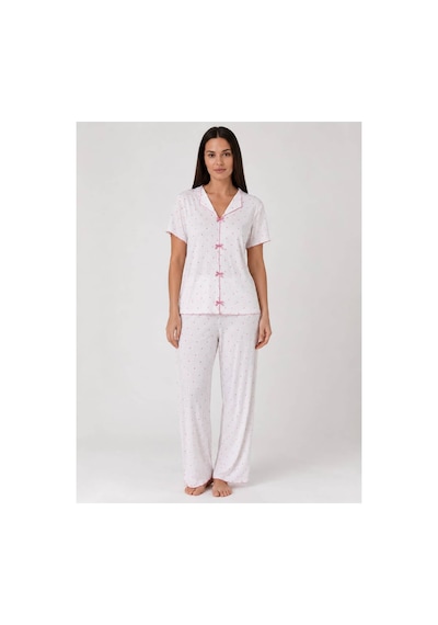 Pijamask Kadın Beyaz Pembe Kalp Desenli Gömlek Yaka Kısa Kollu Uzun Pantolonlu Pijama Takımı Rahat Ev Giyim Uyku Takımı Beyaz
