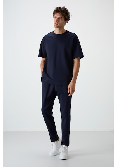 Tommy Life Lacivert Pamuklu Kalın Yumuşak Dokulu Oversize Fit Basic Erkek Eşofman Takım - 85251 Lacivert