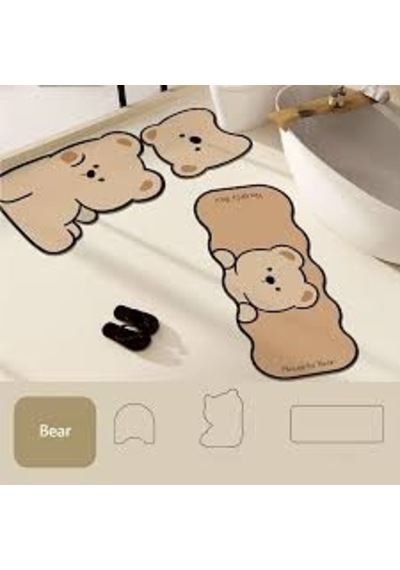 Sevimli Ayıcık Figürlü 3'lü Banyo Paspas Seti - Kaymaz Tabanlı Diatomit Peluş Banyo Halısı Açık Bej
